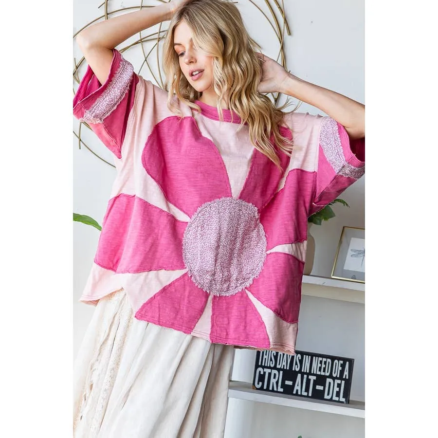 Pink Washed Daisy Patchwork Oversized Oli Hali Top