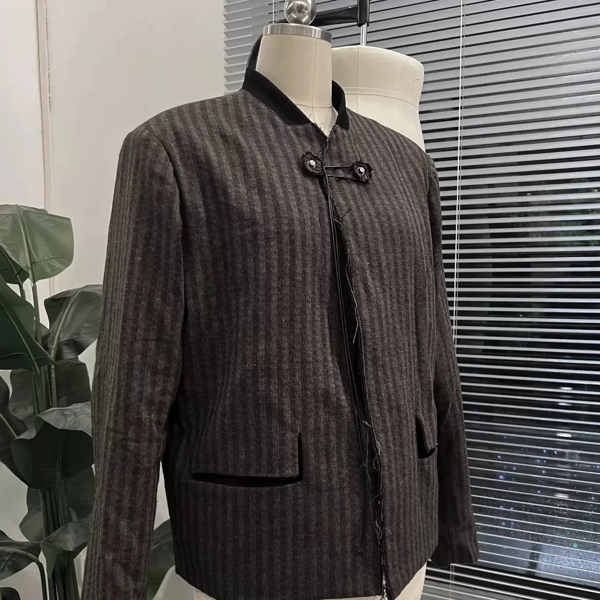 Pinstriped Mandarin Collar Blazer