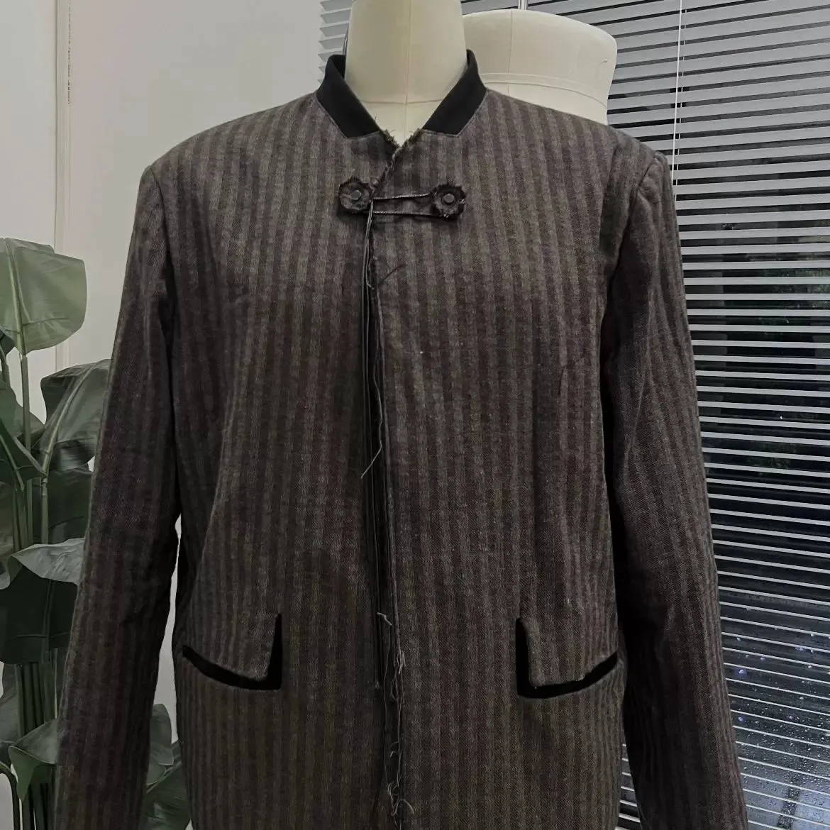 Pinstriped Mandarin Collar Blazer
