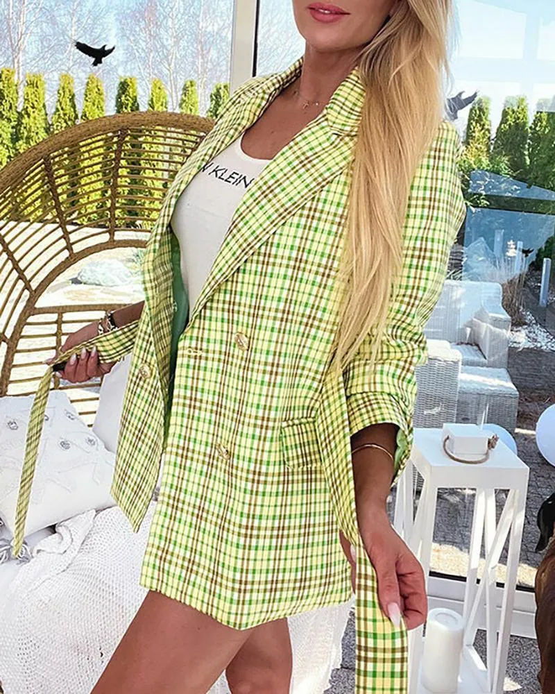 Plaid Print Buttoned Tied Detail Blazer Coat