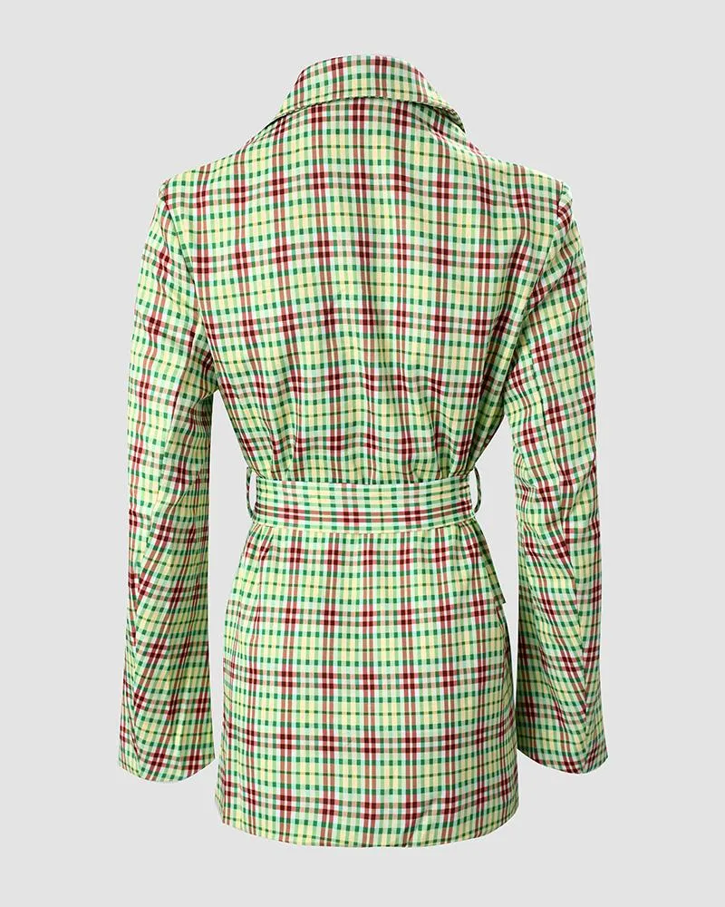 Plaid Print Buttoned Tied Detail Blazer Coat