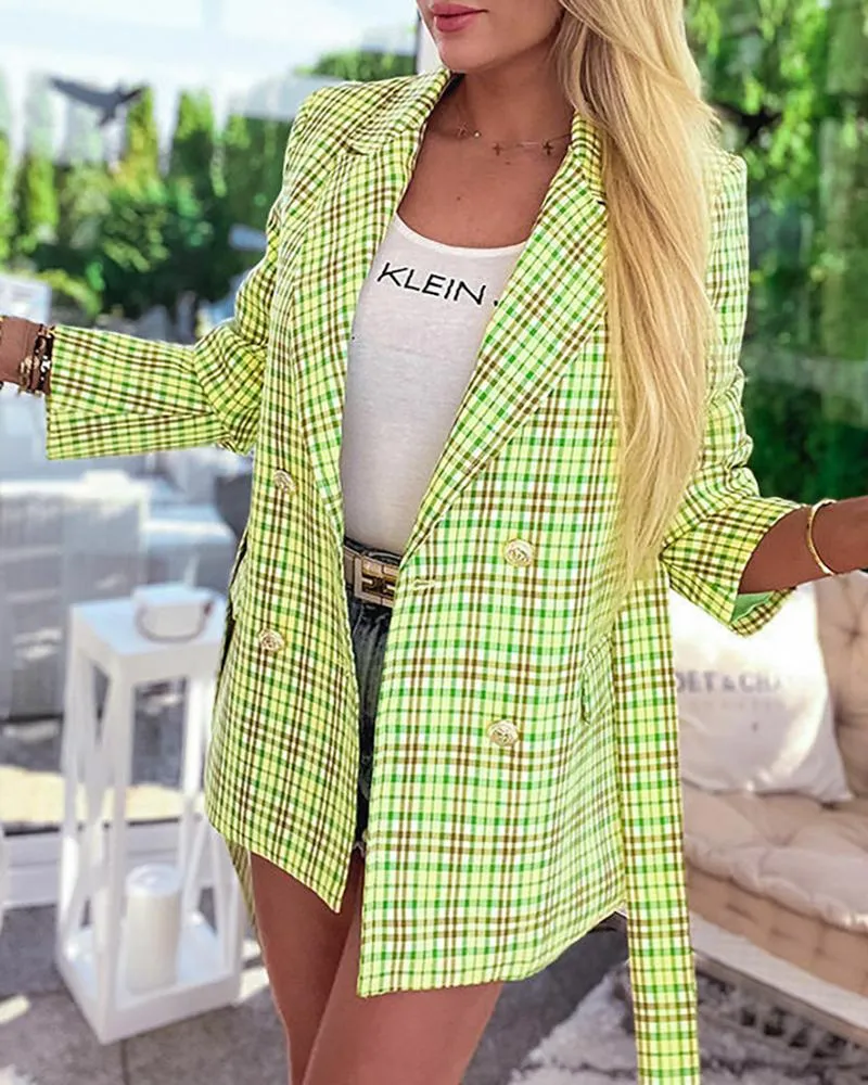 Plaid Print Buttoned Tied Detail Blazer Coat