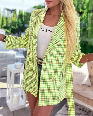 Plaid Print Buttoned Tied Detail Blazer Coat