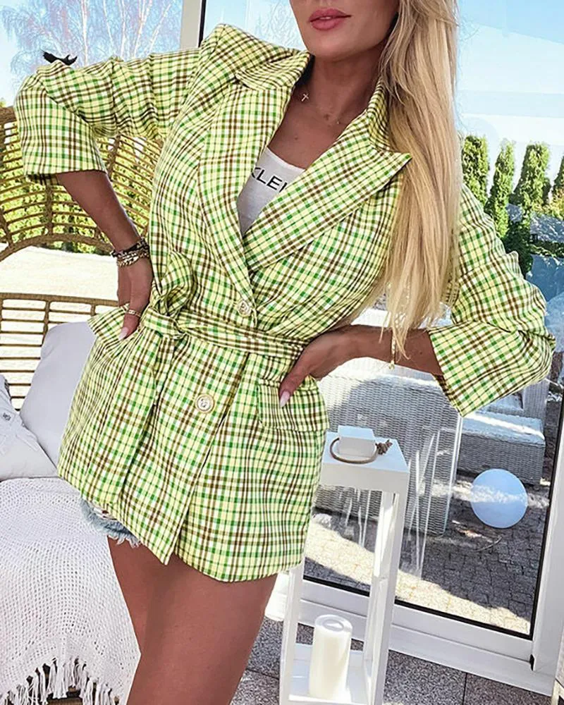 Plaid Print Buttoned Tied Detail Blazer Coat