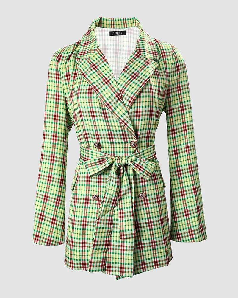 Plaid Print Buttoned Tied Detail Blazer Coat