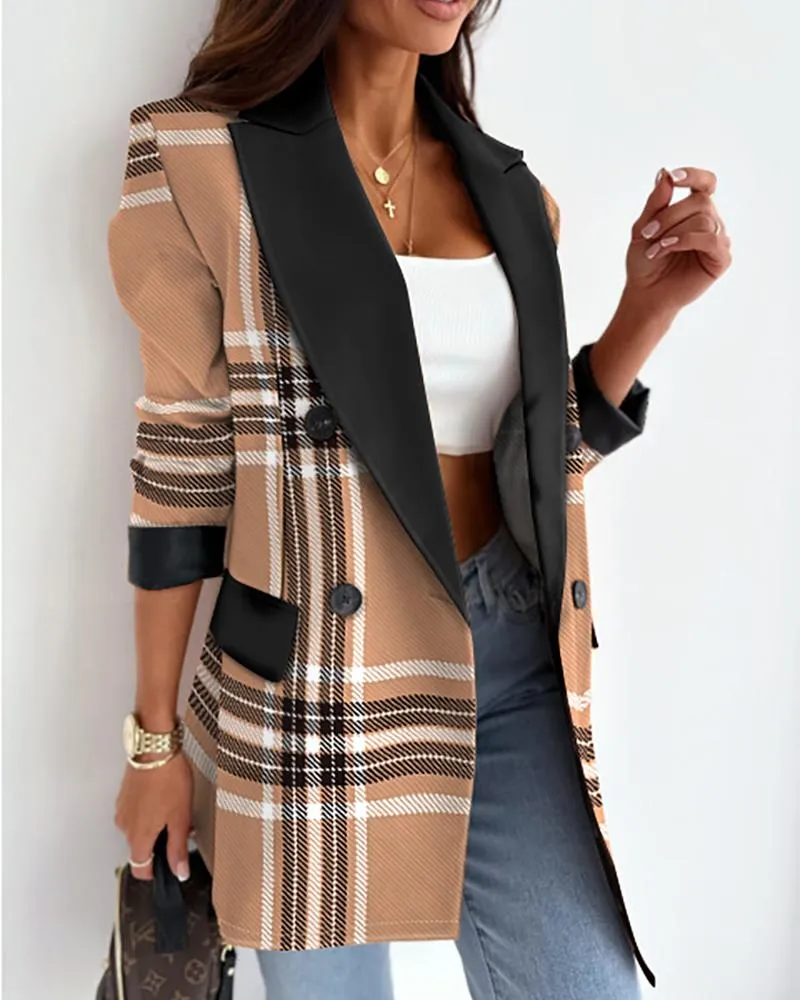 Plaid Print Colorblock Double Breasted Blazer Coat