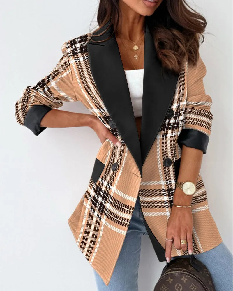Plaid Print Colorblock Double Breasted Blazer Coat