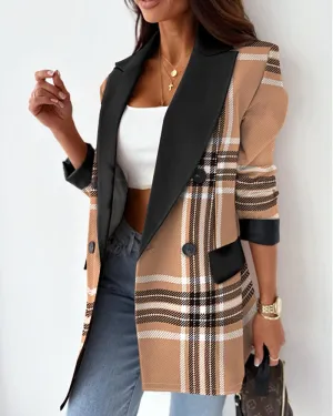 Plaid Print Colorblock Double Breasted Blazer Coat