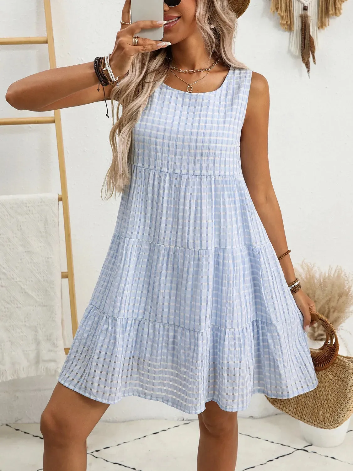 Plaid Round Neck Sleeveless Mini Dress