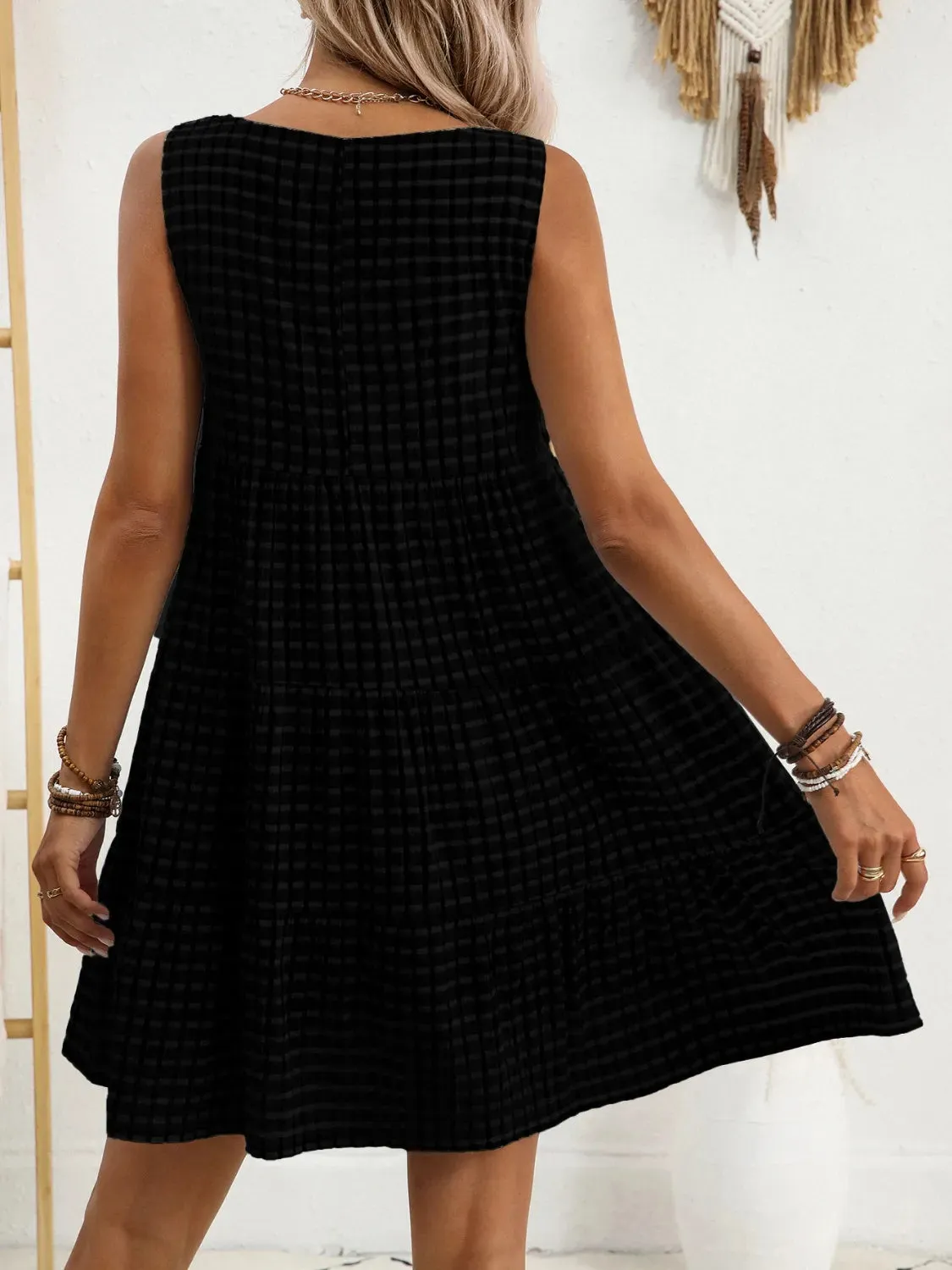 Plaid Round Neck Sleeveless Mini Dress