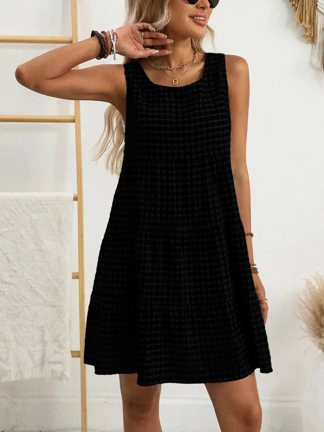 Plaid Round Neck Sleeveless Mini Dress