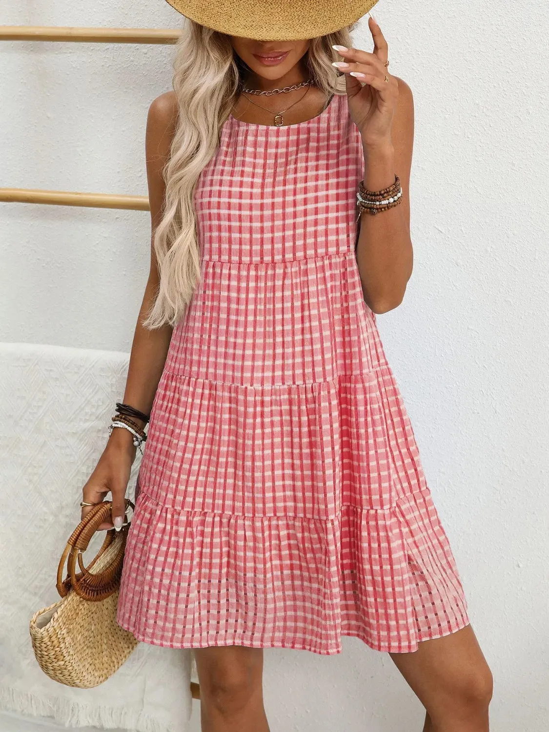 Plaid Round Neck Sleeveless Mini Dress