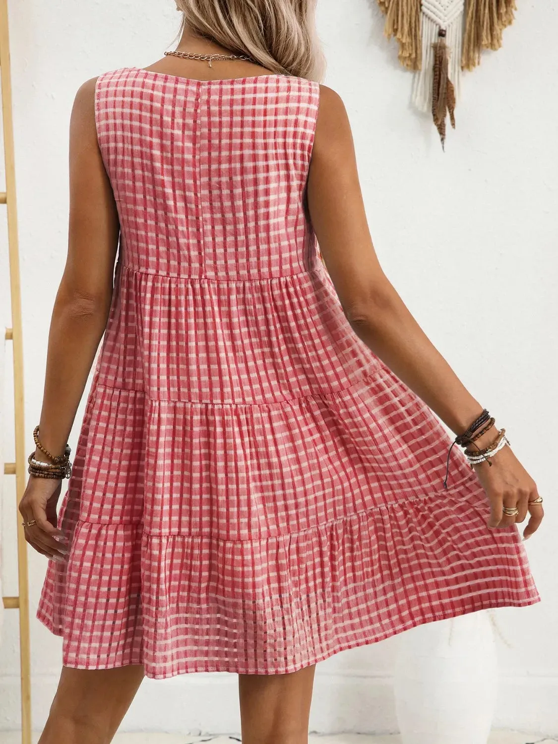 Plaid Round Neck Sleeveless Mini Dress