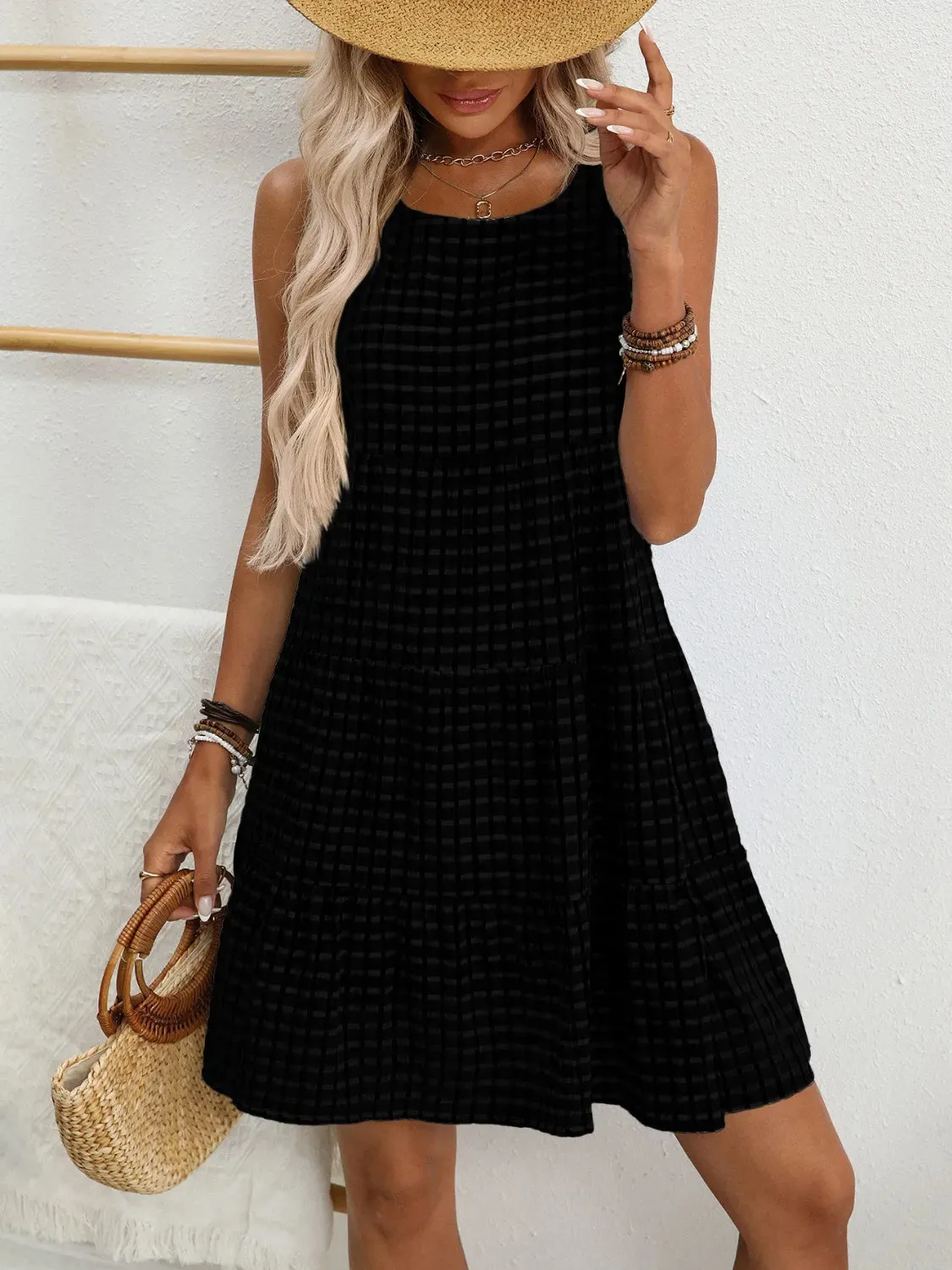 Plaid Round Neck Sleeveless Mini Dress