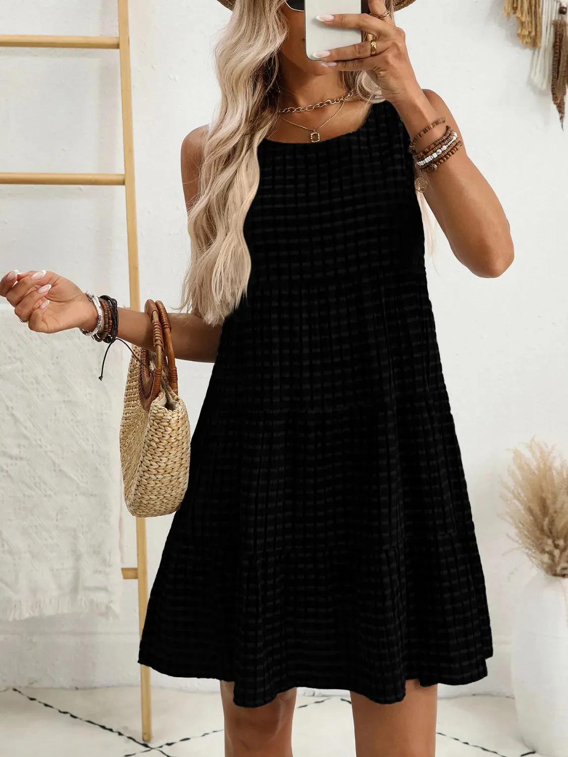 Plaid Round Neck Sleeveless Mini Dress