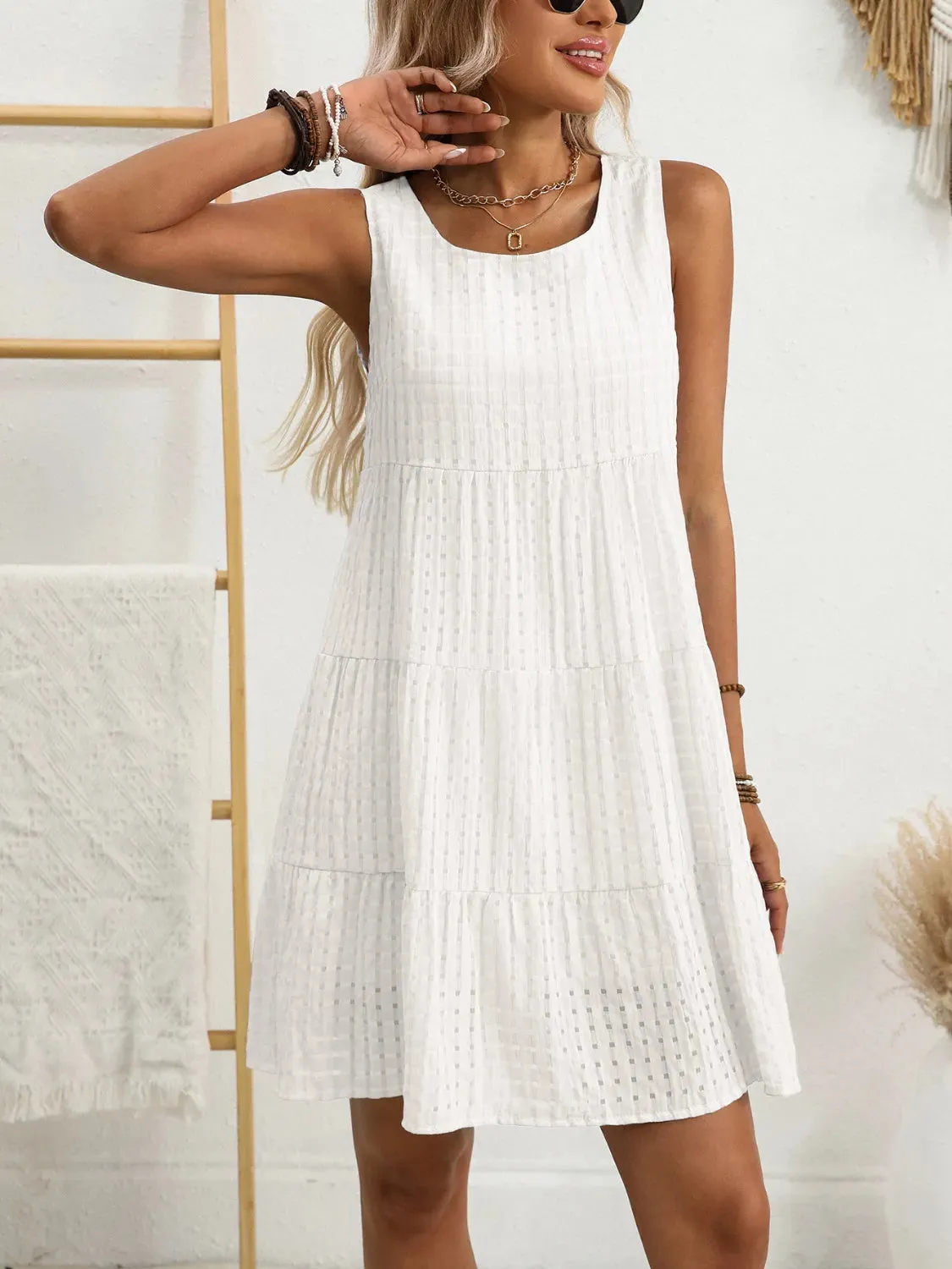 Plaid Round Neck Sleeveless Mini Dress