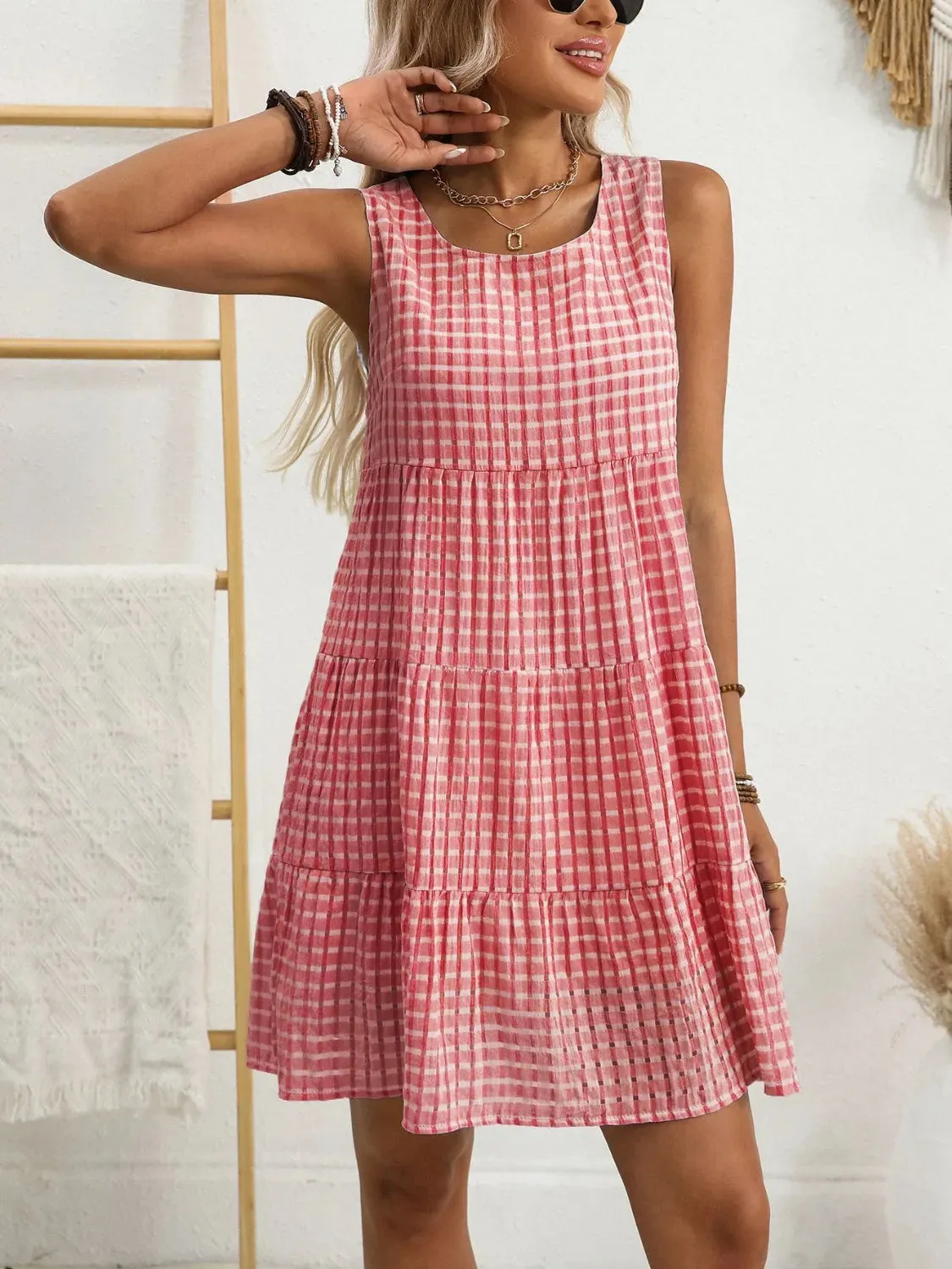 Plaid Round Neck Sleeveless Mini Dress