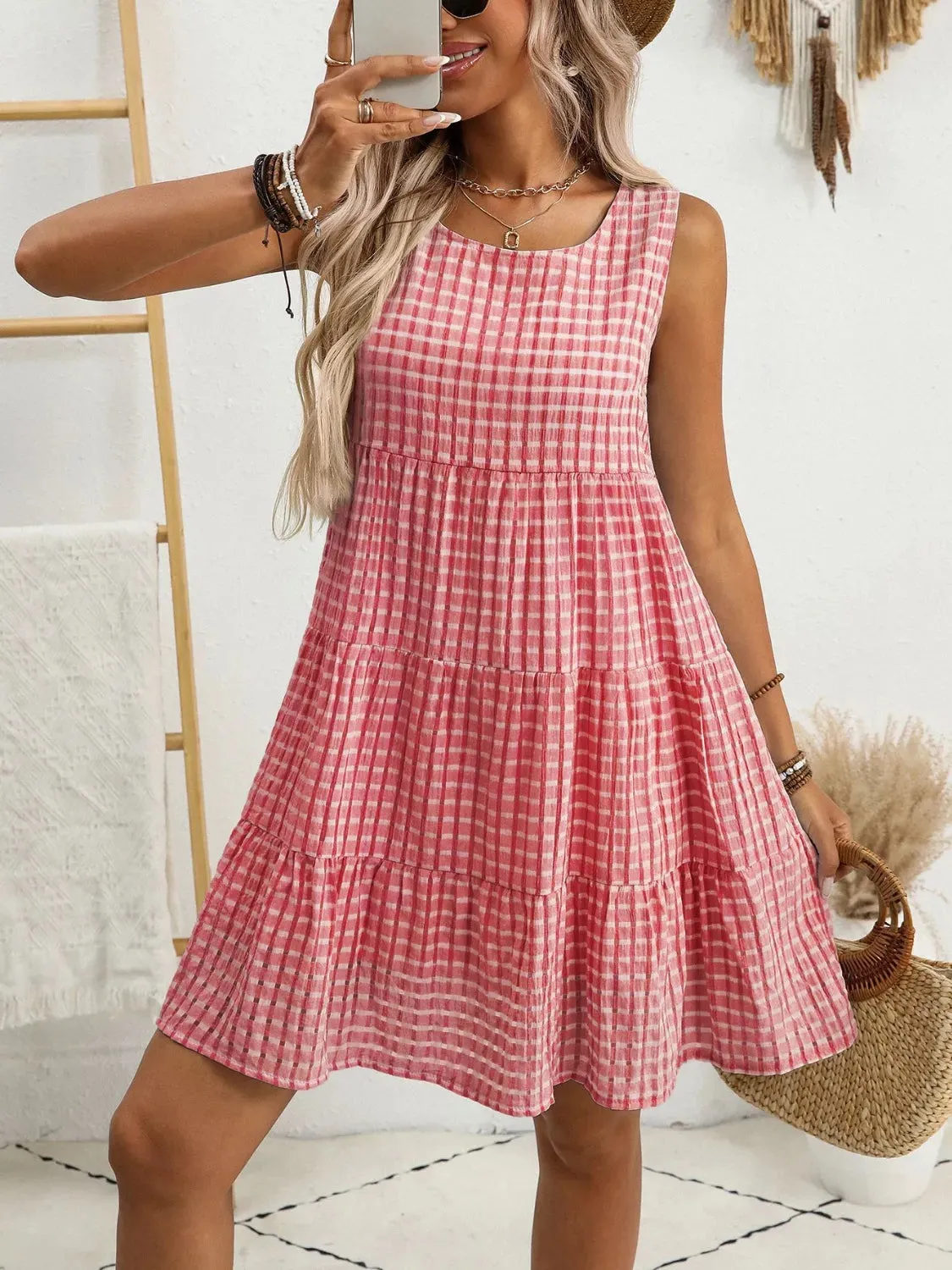 Plaid Round Neck Sleeveless Mini Dress