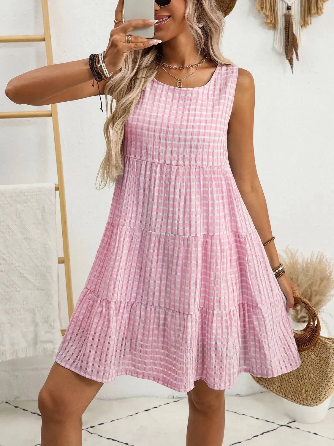 Plaid Round Neck Sleeveless Mini Dress