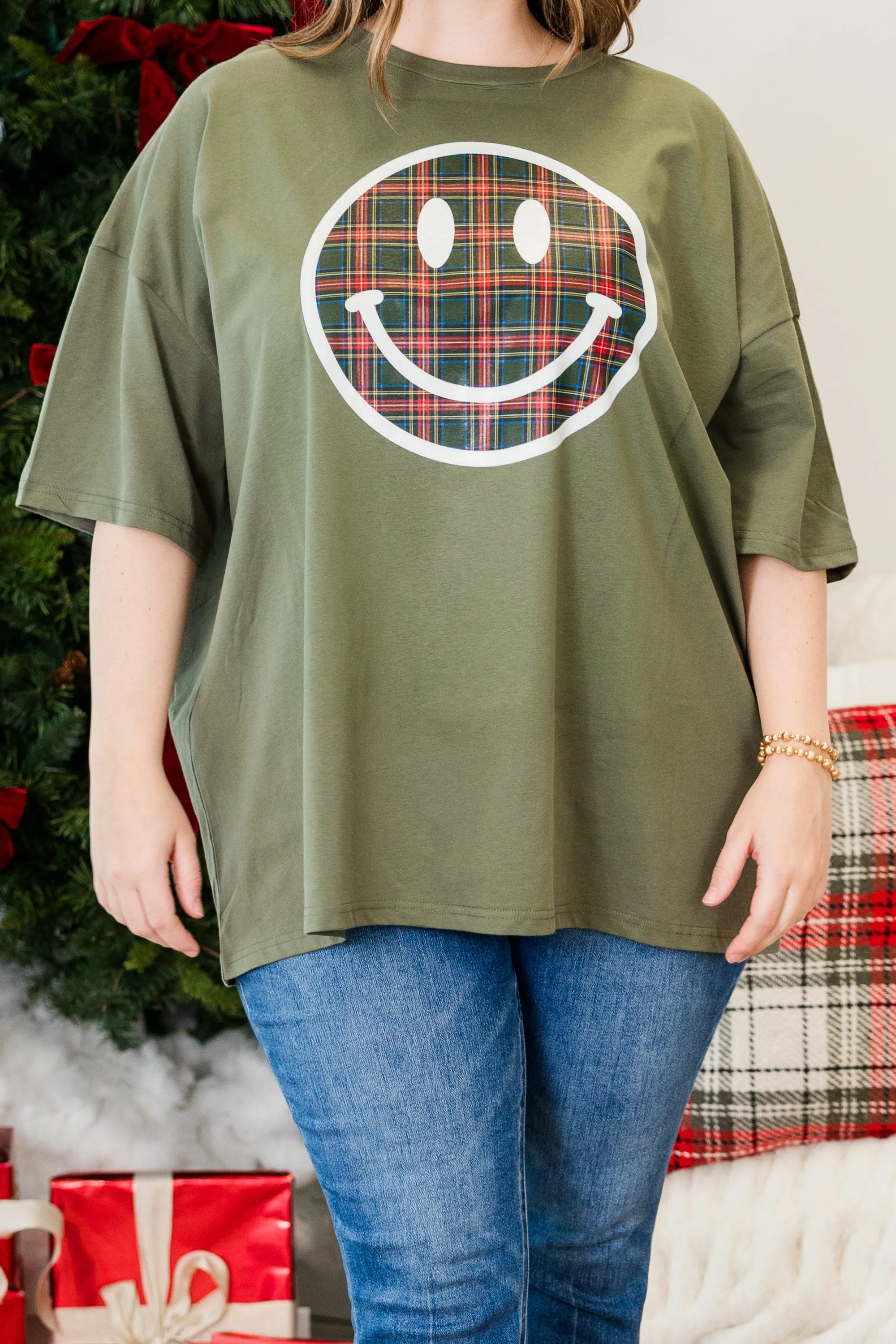 Plaid Smiley Boyfriend Tee, Moss