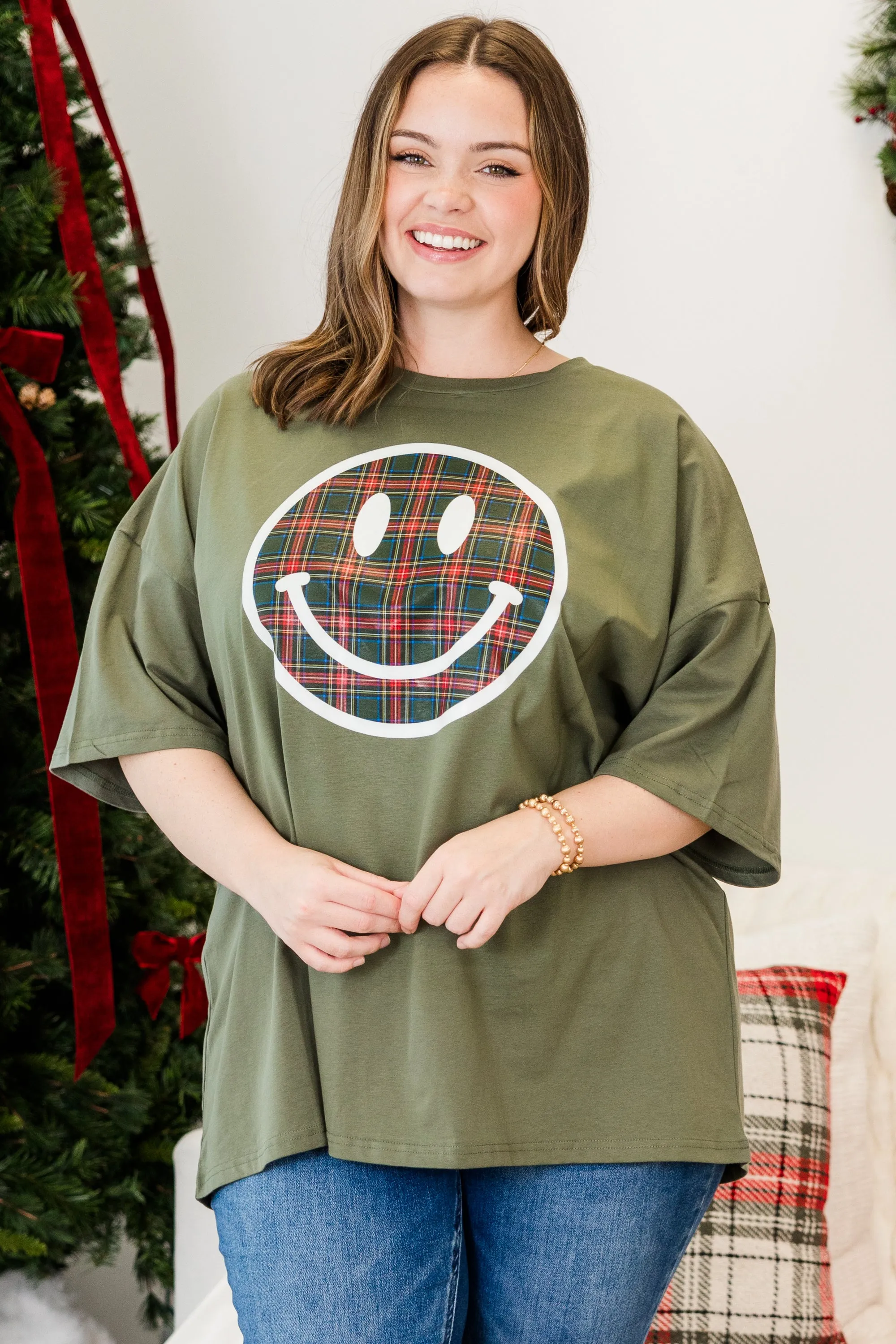 Plaid Smiley Boyfriend Tee, Moss