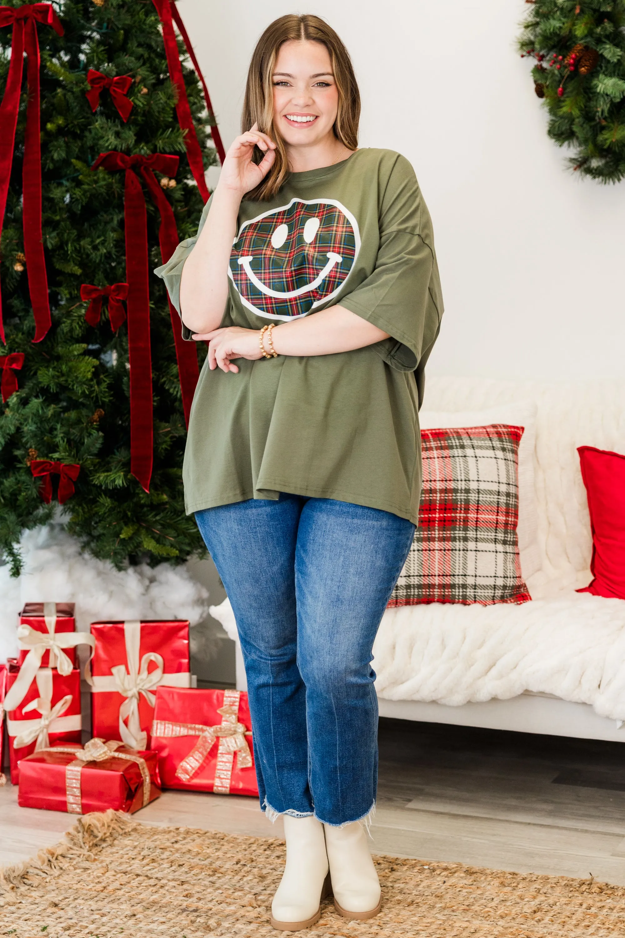 Plaid Smiley Boyfriend Tee, Moss
