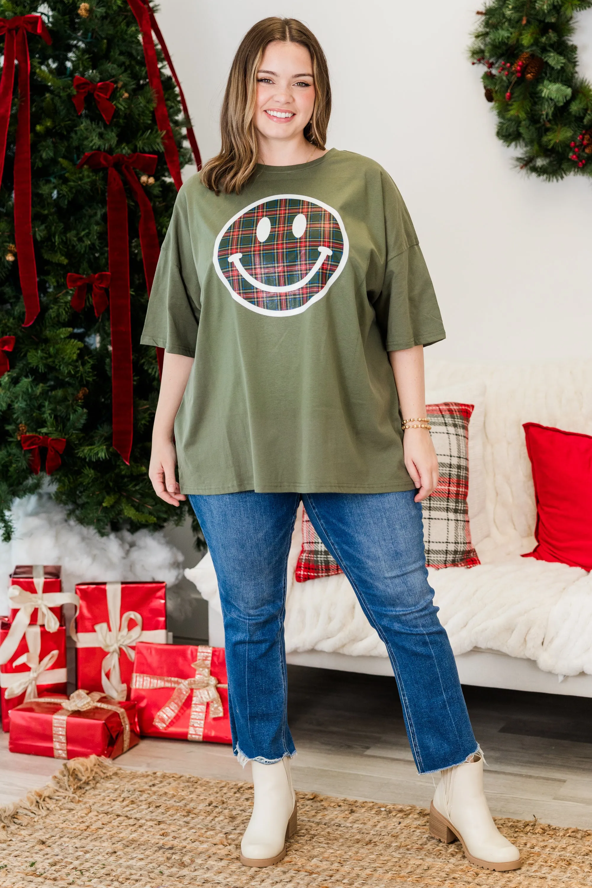 Plaid Smiley Boyfriend Tee, Moss