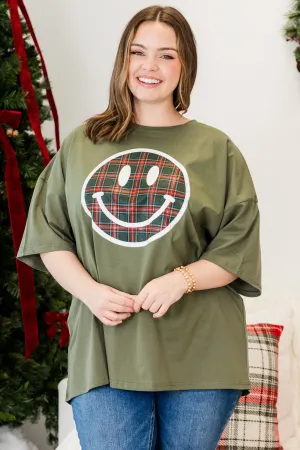 Plaid Smiley Boyfriend Tee, Moss