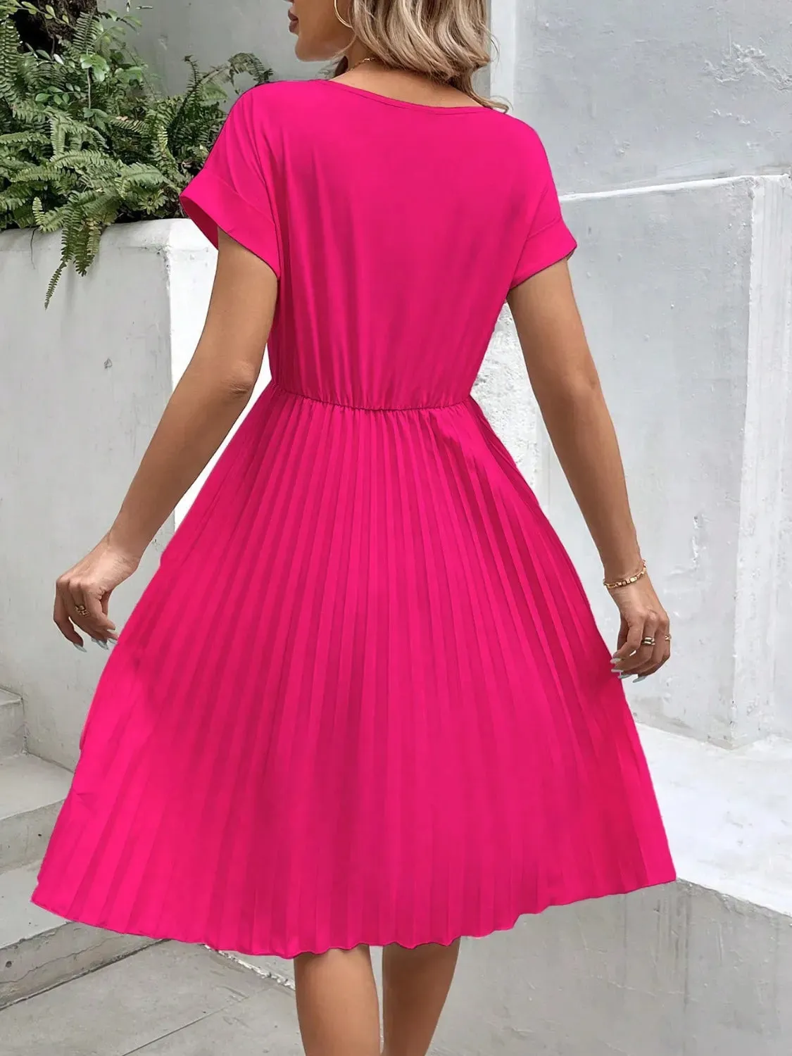 Pleated Round Neck Short Sleeve Dress