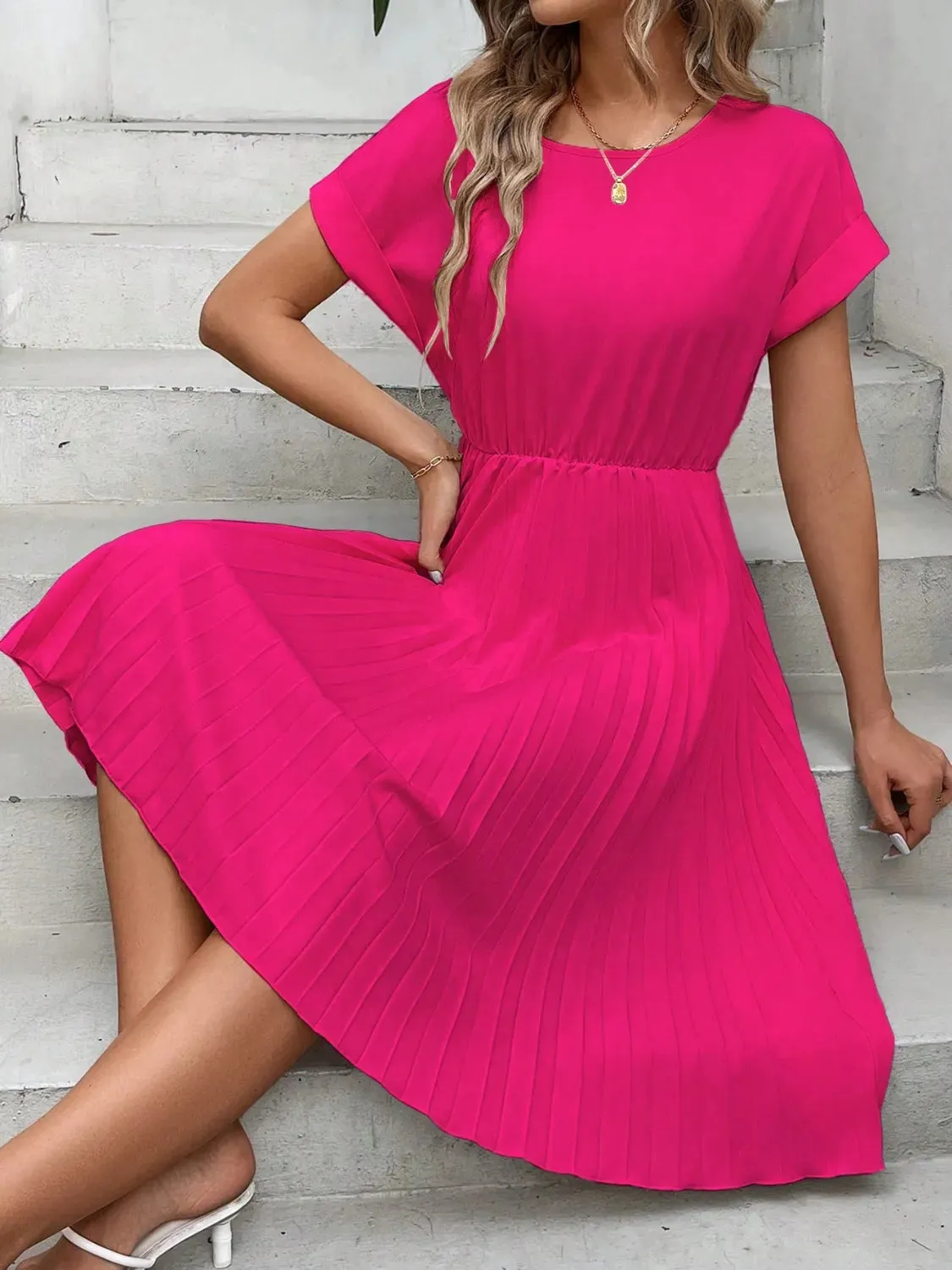 Pleated Round Neck Short Sleeve Dress