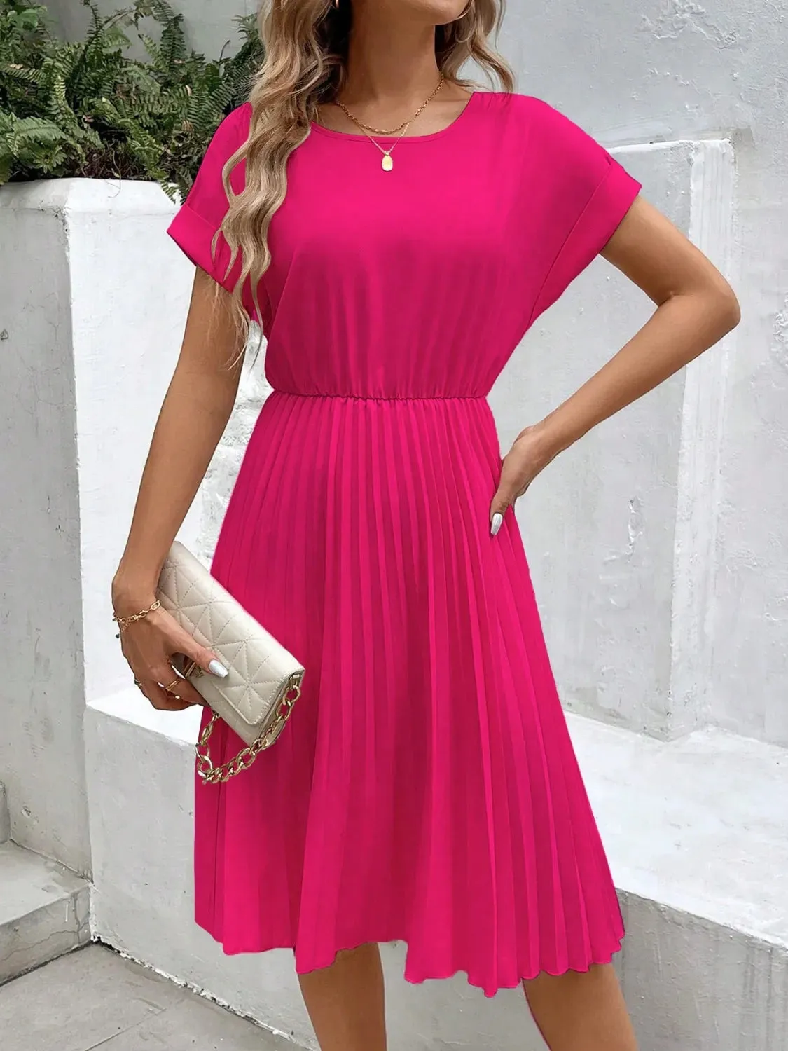 Pleated Round Neck Short Sleeve Dress