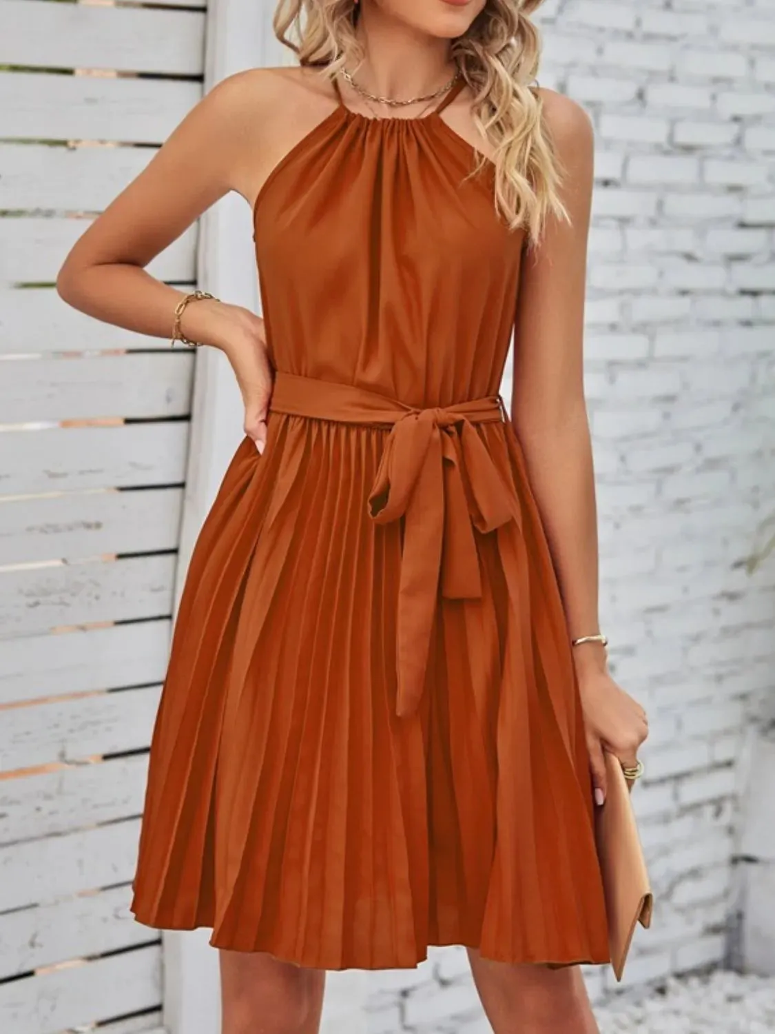 Pleated Tie Waist Sleeveless Mini Dress