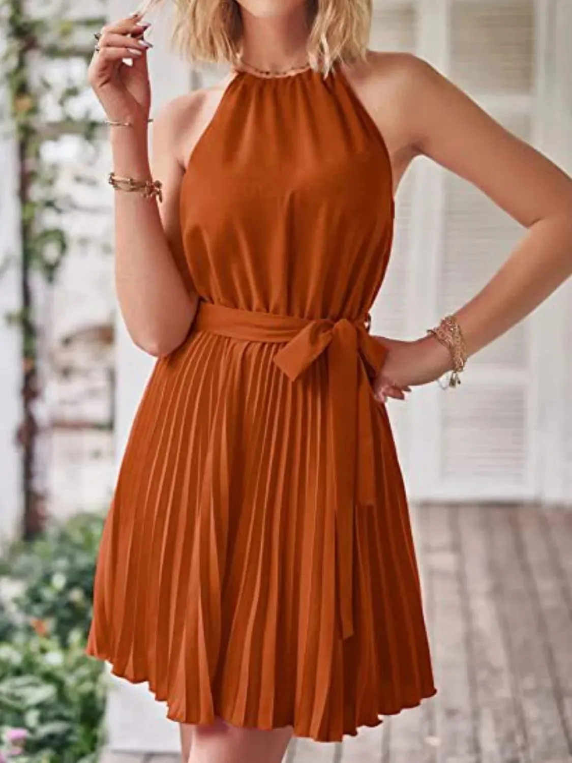 Pleated Tie Waist Sleeveless Mini Dress