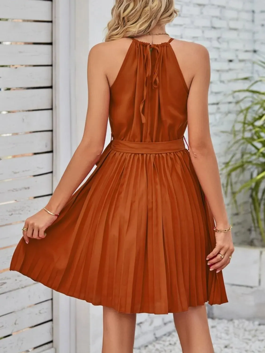 Pleated Tie Waist Sleeveless Mini Dress