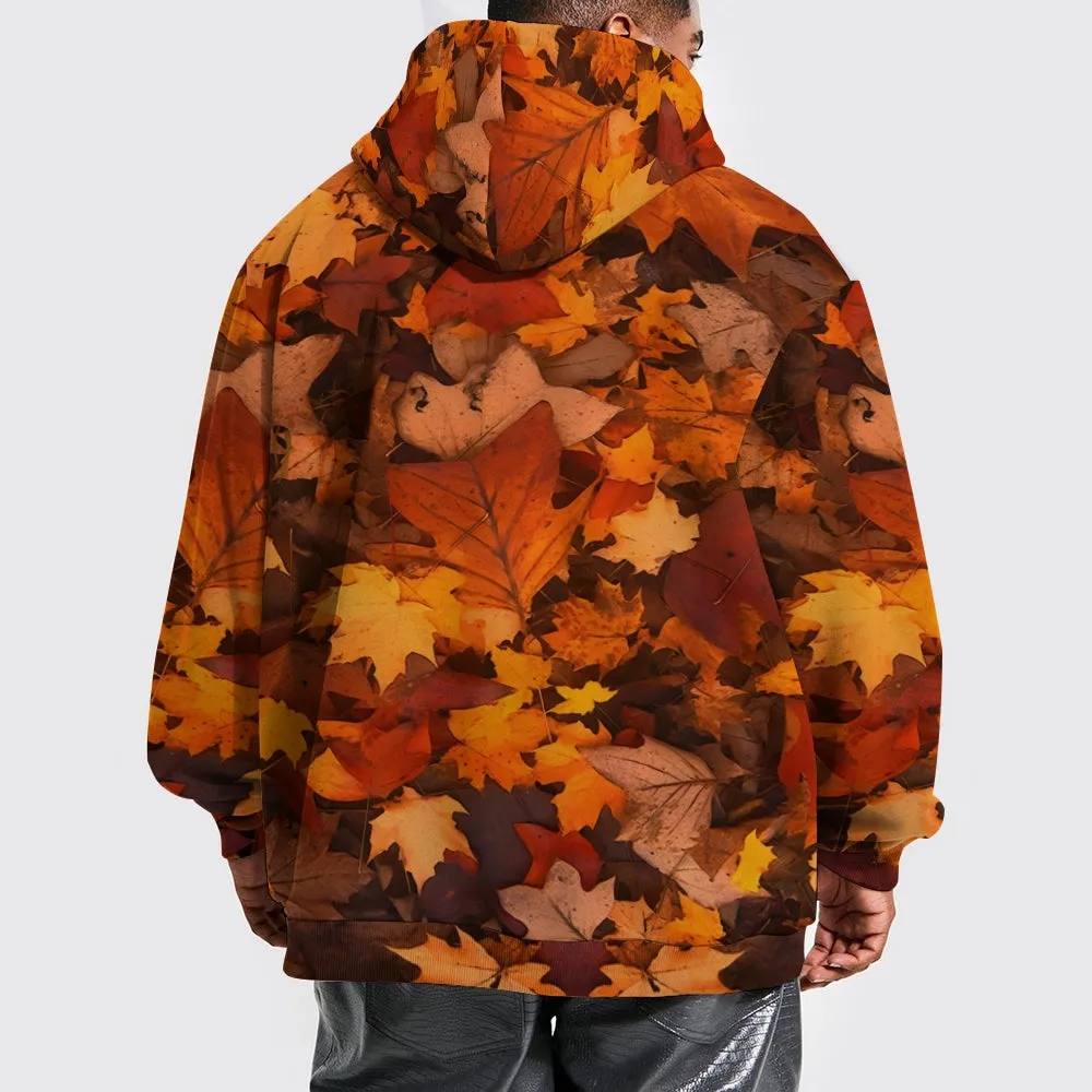 Plue Size Autumn Maple Leaf Printed Hoodies 2409010110