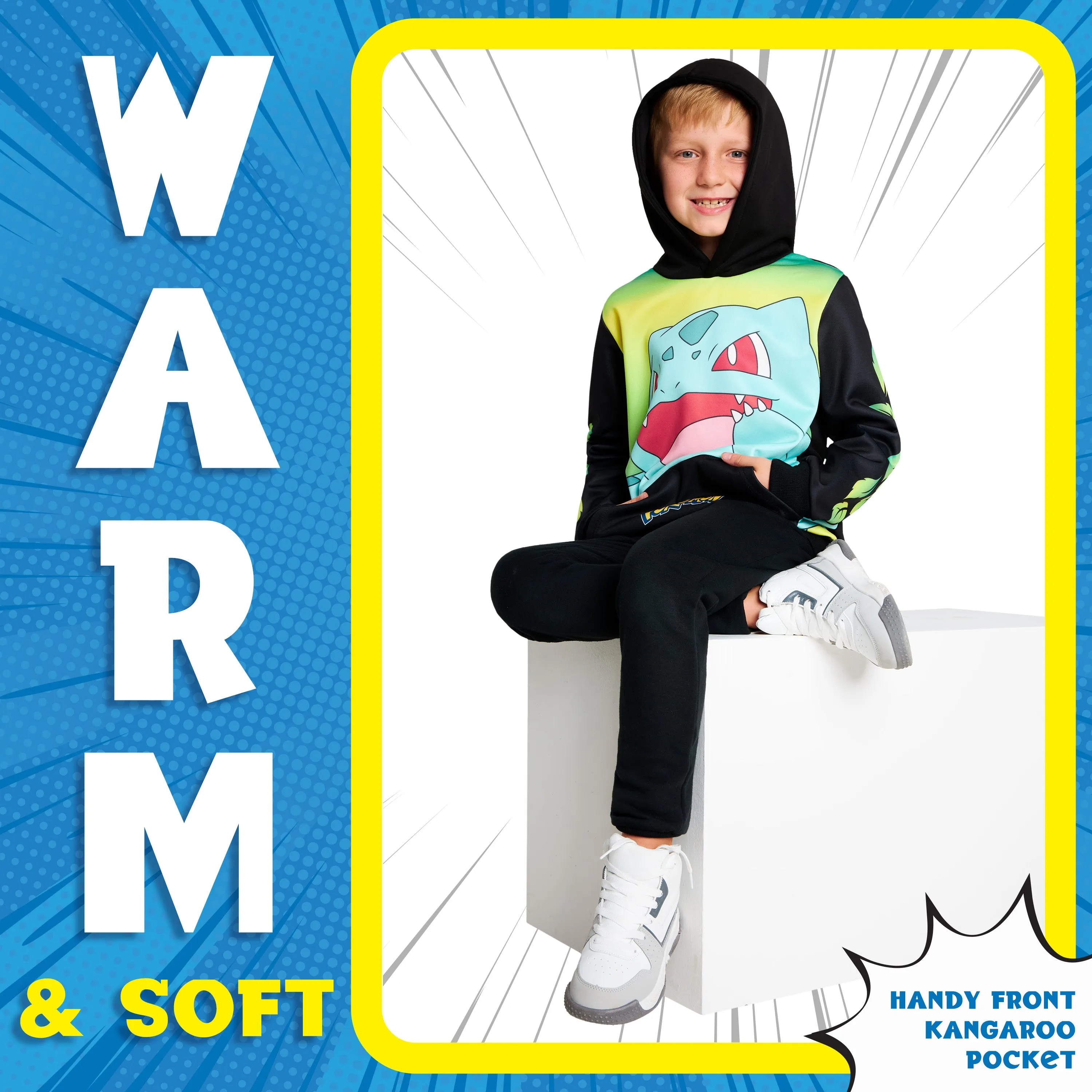 Pokemon Boys Hoodie with Cuffed Sleeves, Kangaroo Pocket - Black/Yellow Bulbasaur