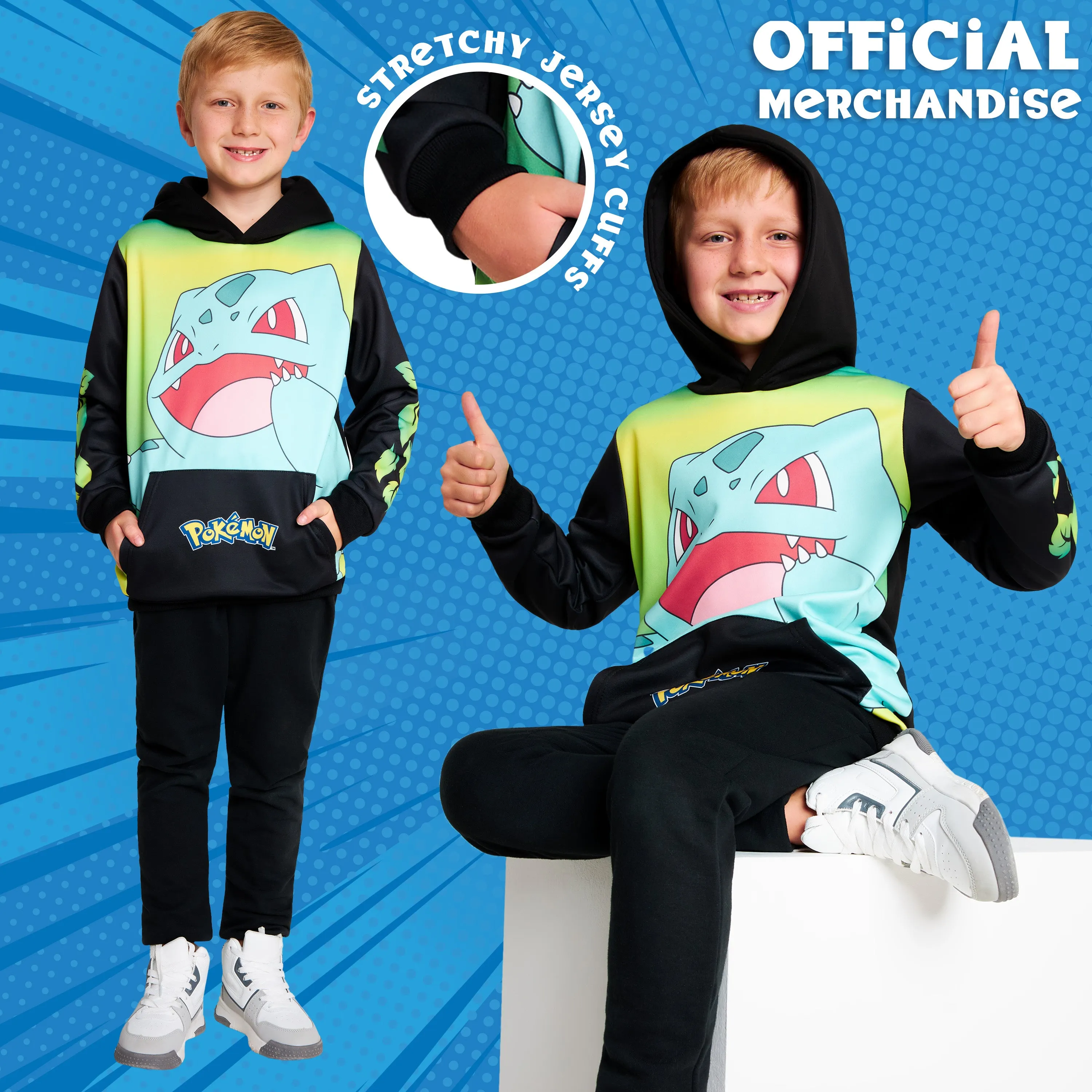 Pokemon Boys Hoodie with Cuffed Sleeves, Kangaroo Pocket - Black/Yellow Bulbasaur