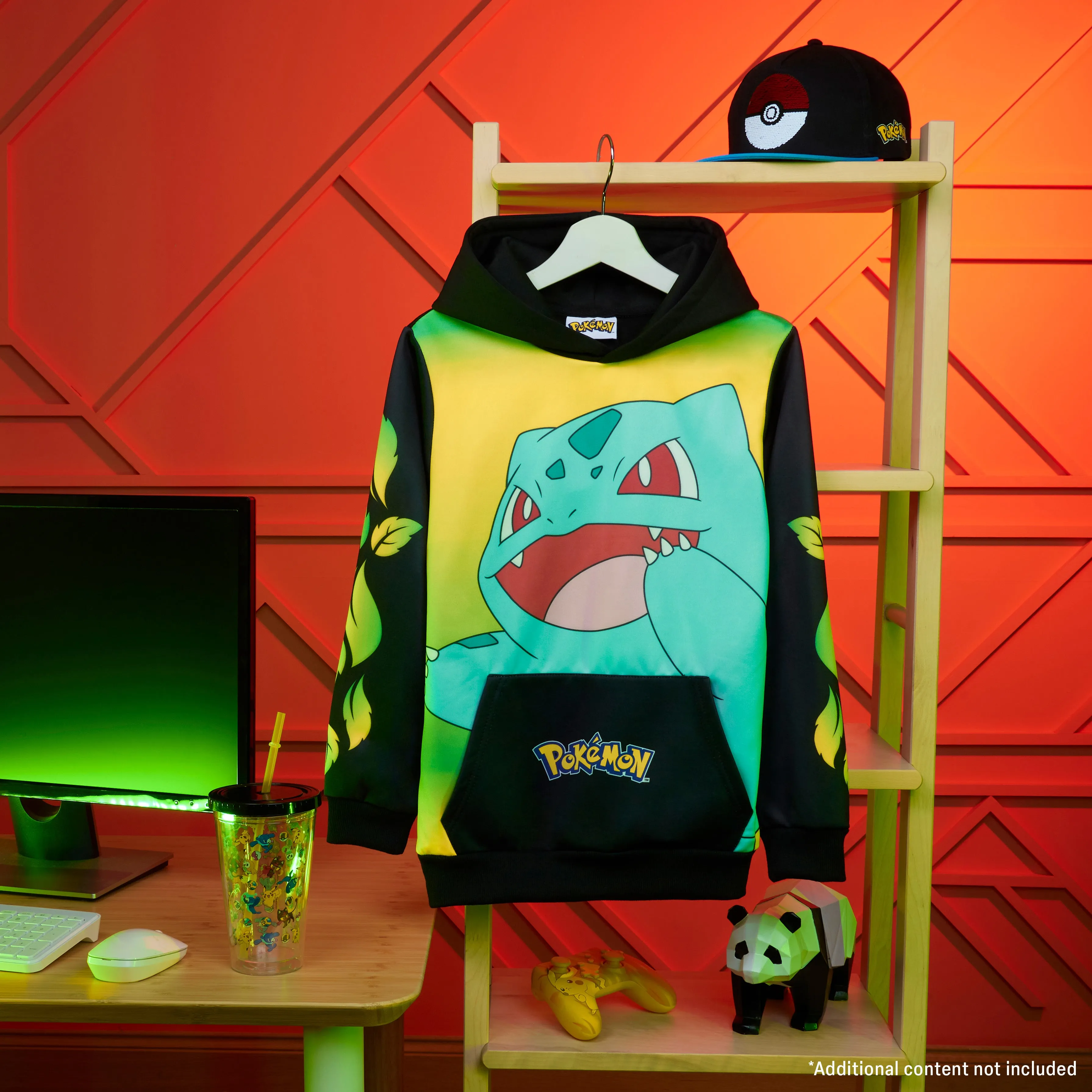 Pokemon Boys Hoodie with Cuffed Sleeves, Kangaroo Pocket - Black/Yellow Bulbasaur