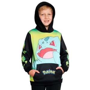 Pokemon Boys Hoodie with Cuffed Sleeves, Kangaroo Pocket - Black/Yellow Bulbasaur