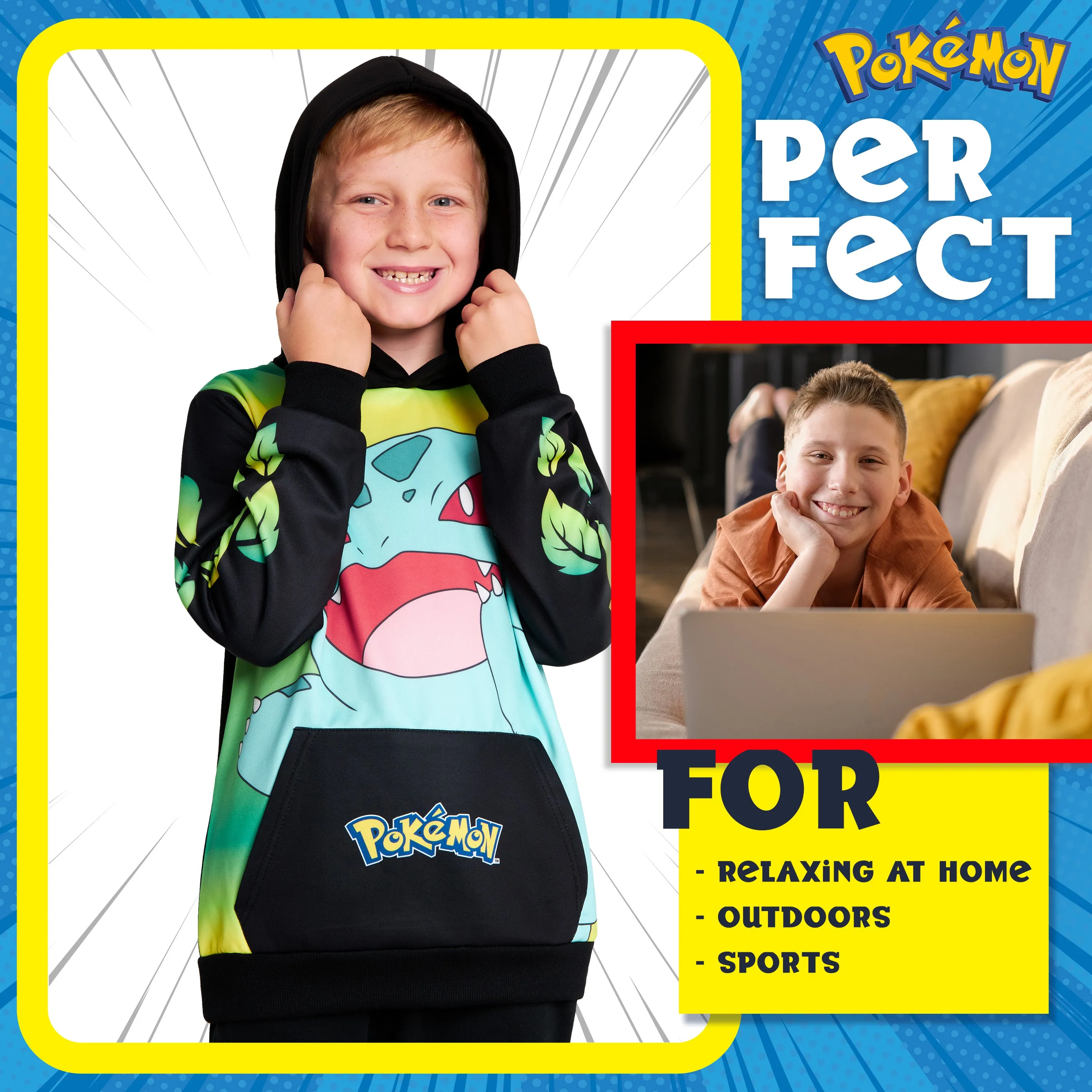 Pokemon Boys Hoodie with Cuffed Sleeves, Kangaroo Pocket - Black/Yellow Bulbasaur
