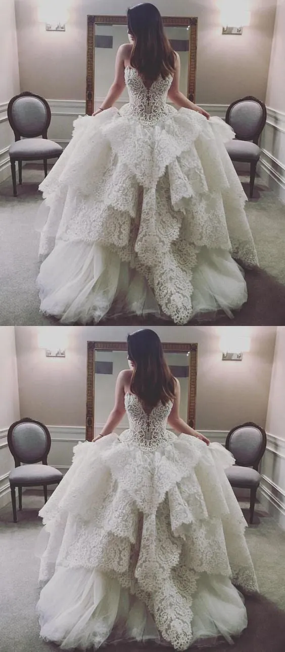 Princess A-Line Sweetheart Floor-Length Ivory Tulle Wedding Dresses with Lace OKE99