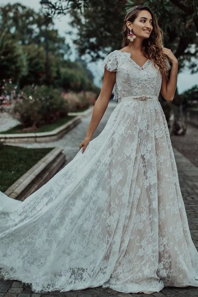 Princess Lace V Neck Backless Boho Wedding Dress A-line Lace Bridal Gown OKV57