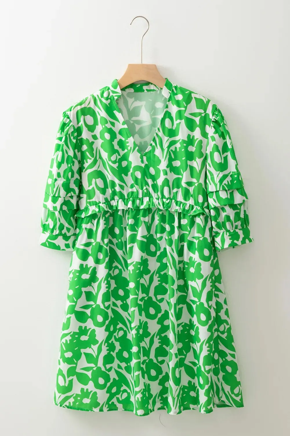 Printed Puff Half Sleeve V Neck Babydoll Dress