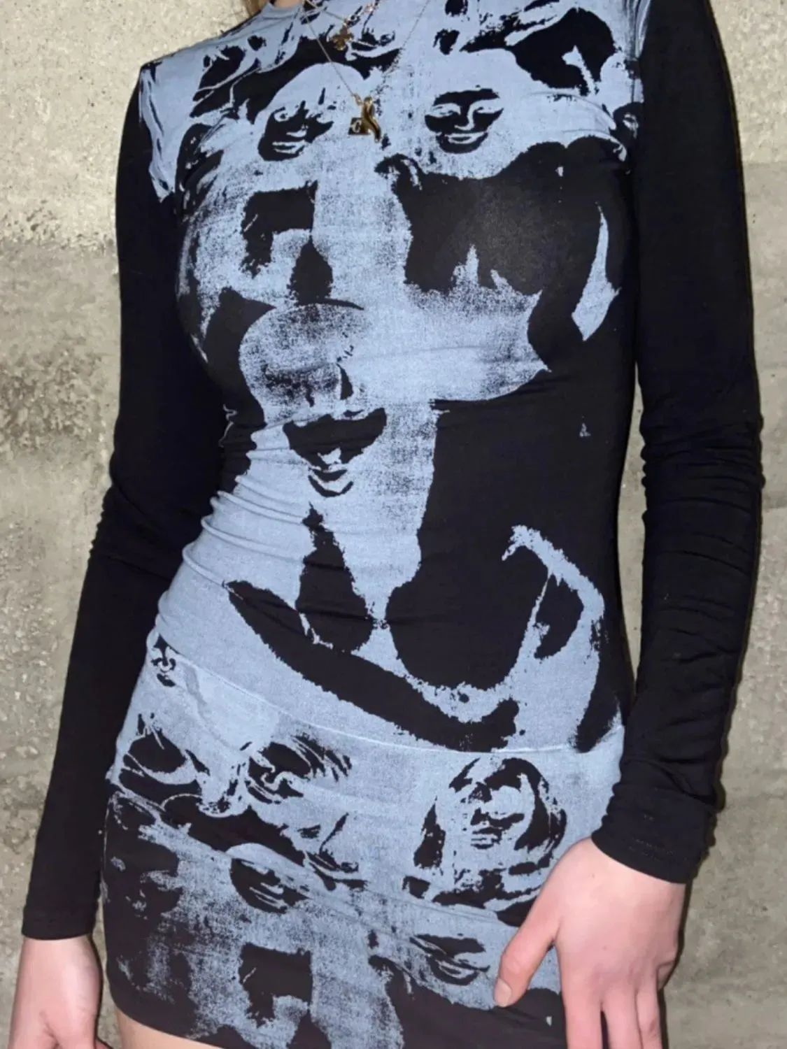 Printed Round Neck Long Sleeve Mini Dress