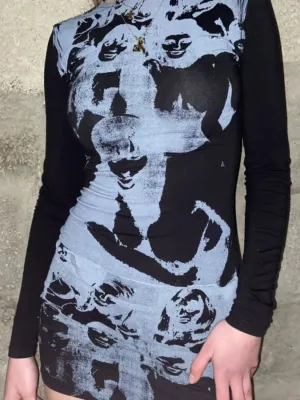 Printed Round Neck Long Sleeve Mini Dress