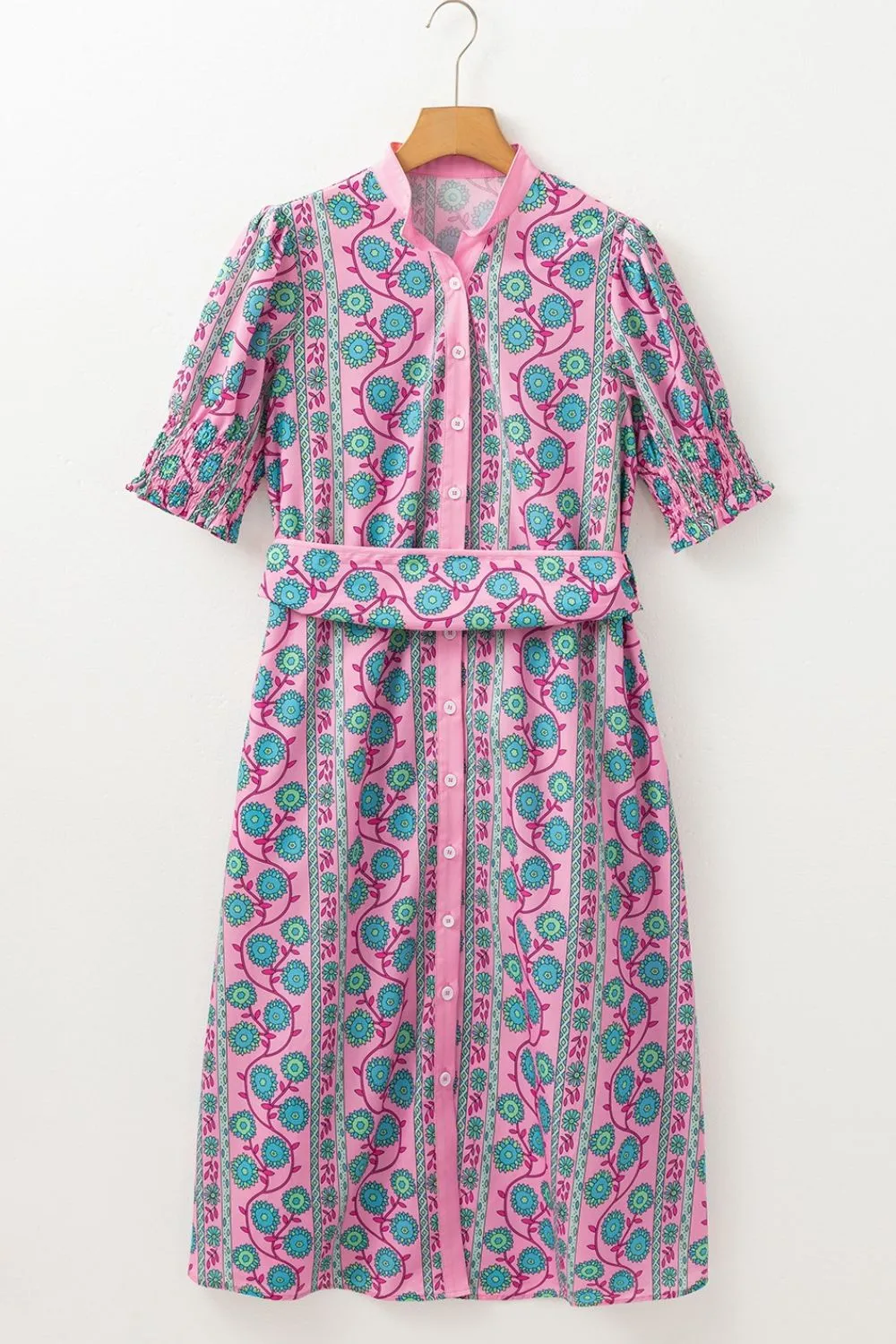 Printed Shirred Sleeve Buttoned Front Midi Dress with Sash