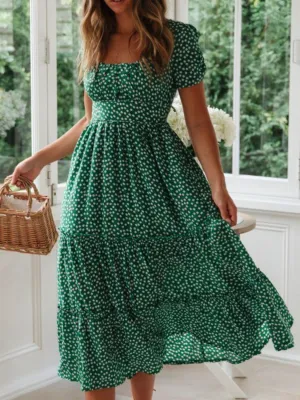 Printed Square Neck Short Sleeve Midi Dress