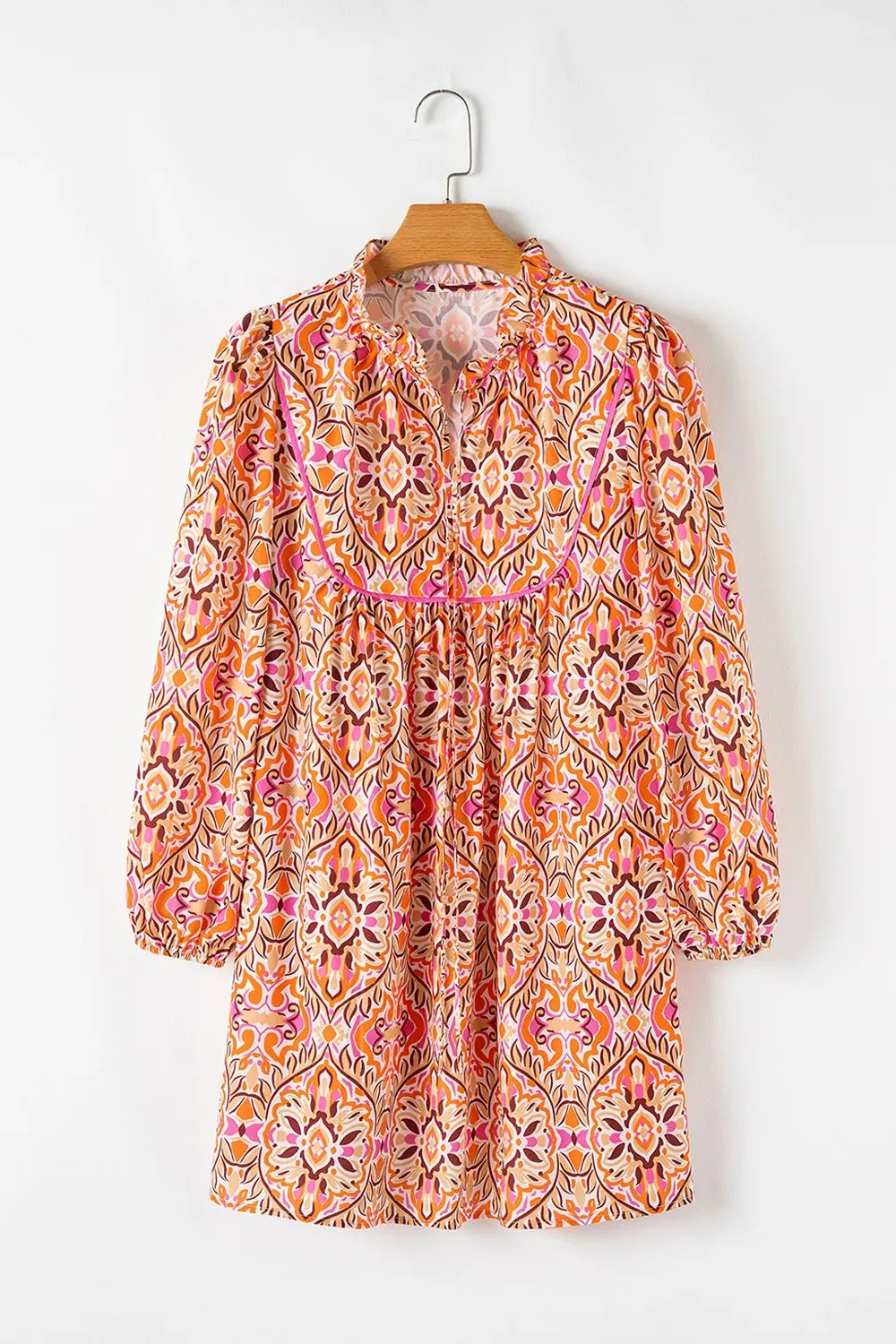 Printed Tie Neck Long Sleeve Mini Dress