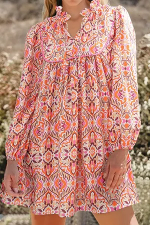 Printed Tie Neck Long Sleeve Mini Dress
