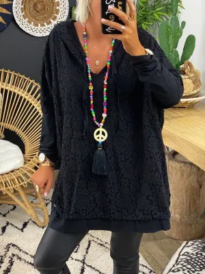 Pure Color V-neck Lace Casual Top